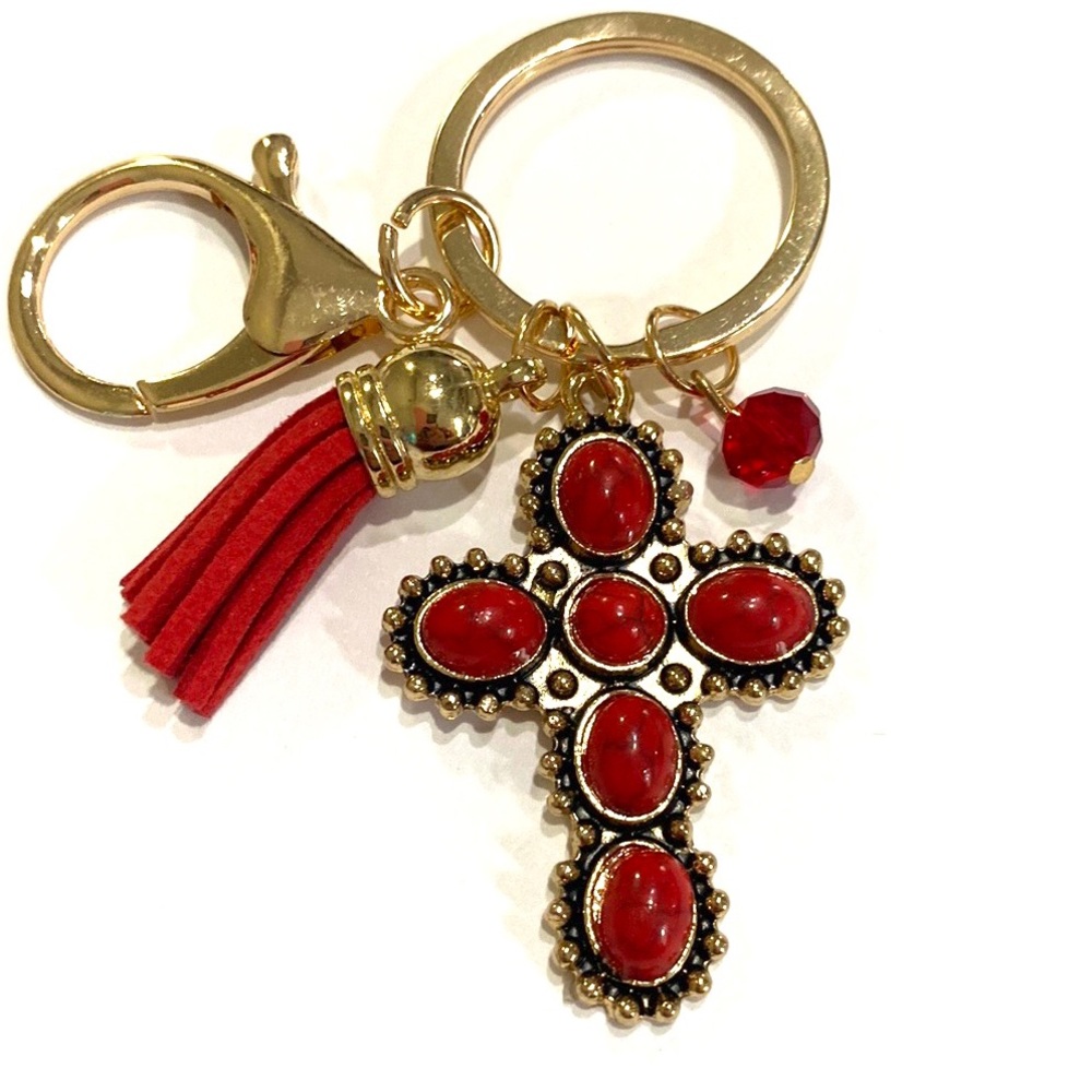Religious Cross Keychain Purse Charm Red Gold Tone Tassel